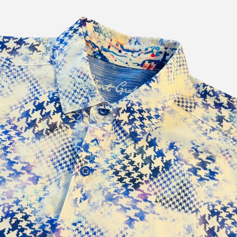 Robert Graham Mens L Blue Abstract Houndstooth Short Sleeve Button Down Shirt